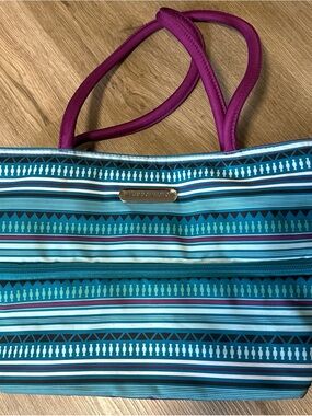 Tupperware Teal Striped Tote with Magenta Handles